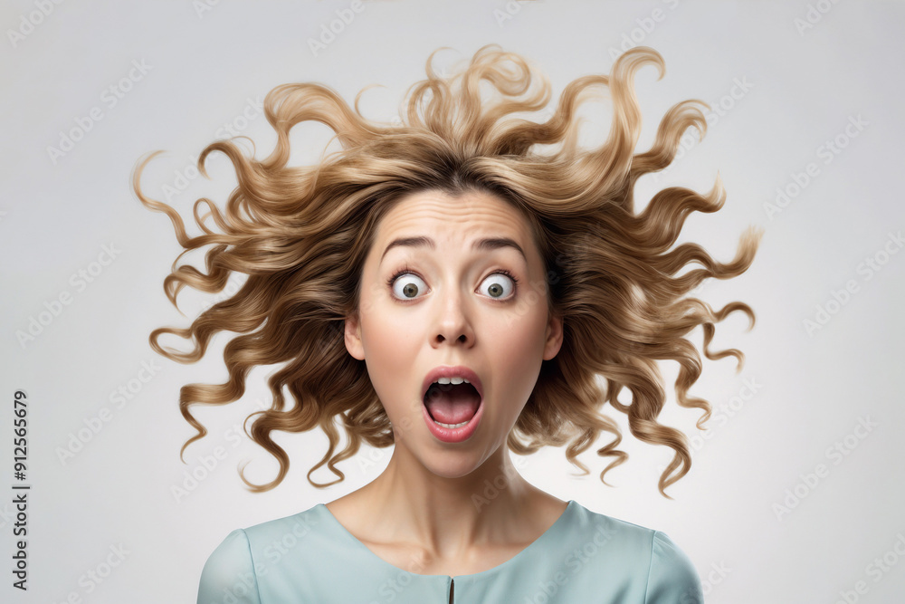 Messy haired Caucasian Woman with funny confused expression, isolated white background Messy haired Caucasian Woman with funny confused expression, isolated white background