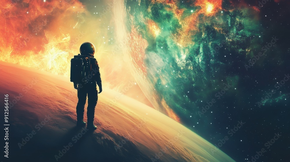 An astronaut in a spacesuit stands on a planet's surface, gazing at a swirling nebula in the cosmos. An astronaut in a spacesuit stands on a planet's surface, gazing at a swirling nebula in the cosmos.
