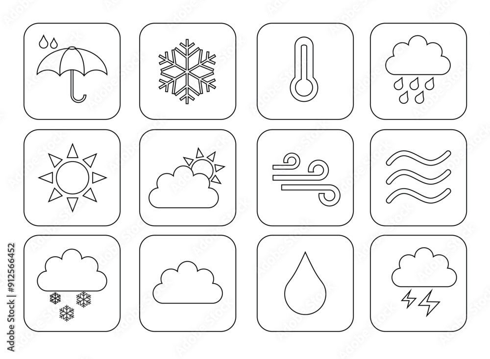 Weather icons. Weather forecast icon set. Clouds logo. Weather , clouds, sunny day, moon, snowflakes, wind, sun day. Editable stroke line icons, white background. Black and white. Weather icons. Weather forecast icon set. Clouds logo. Weather , clouds, sunny day, moon, snowflakes, wind, sun day. Editable stroke line icons, white background. Black and white.