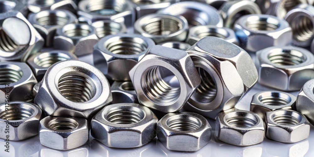 Close-up of assorted steel hex nuts of varying sizes scattered randomly on a clean white background, showcasing their metallic texture and precise machining. Close-up of assorted steel hex nuts of varying sizes scattered randomly on a clean white background, showcasing their metallic texture and precise machining.