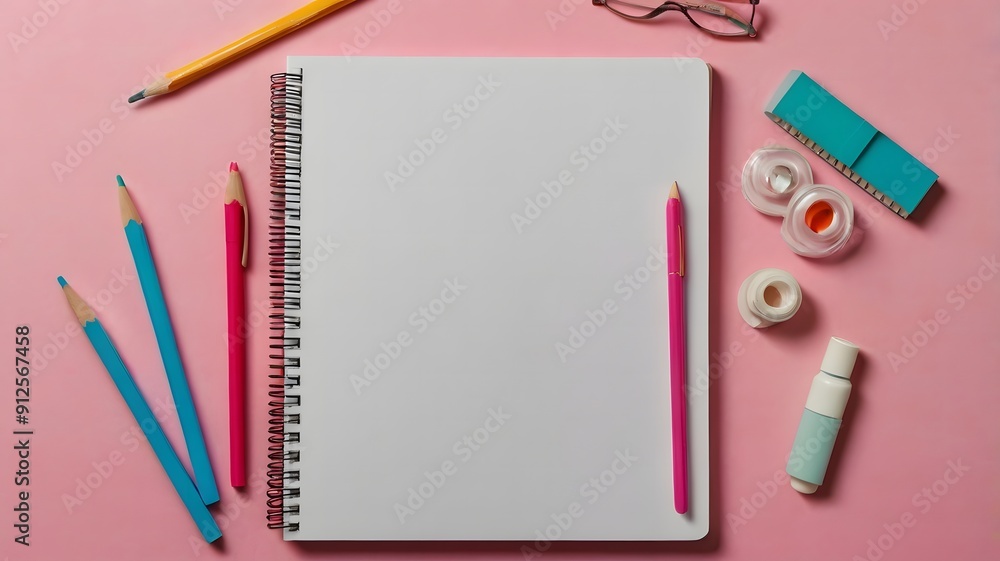 An arranged flat lay of a blank notebook and school supplies on a pink surface. Sharp, vibrant, minimal. top view. Generative AI An arranged flat lay of a blank notebook and school supplies on a pink surface. Sharp, vibrant, minimal. top view. Generative AI