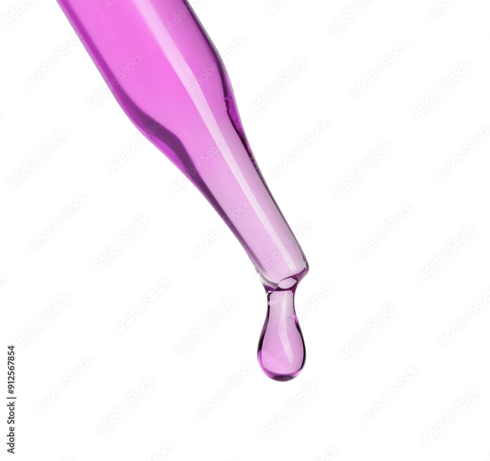 Dropper with violet cosmetic oil on white background Dropper with violet cosmetic oil on white background