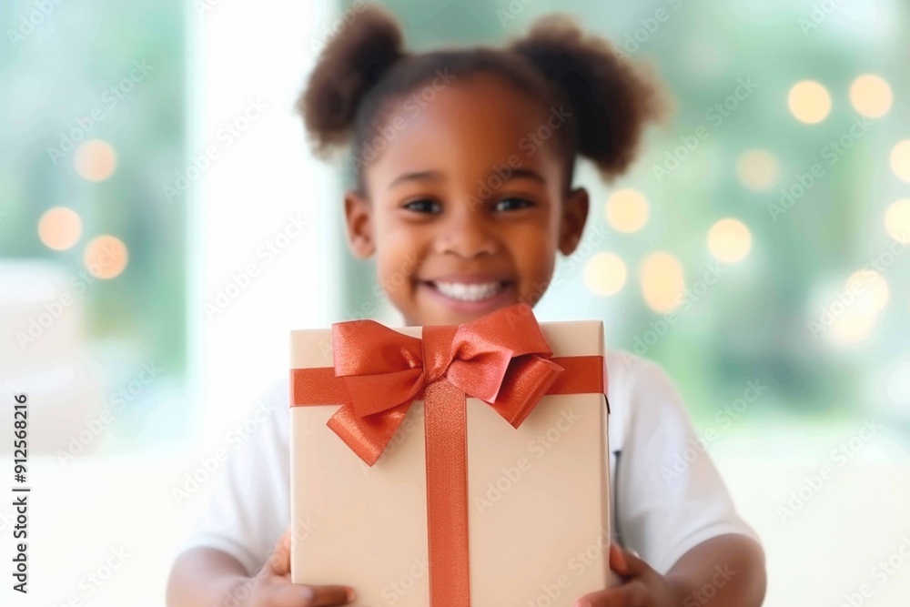Smiling child hugging gift tightly, filled with happiness. Children's Day gift box. Smiling child hugging gift tightly, filled with happiness. Children's Day gift box.