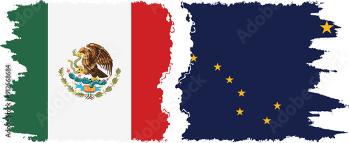 Alaska and Mexico grunge brush flags connection, vector
