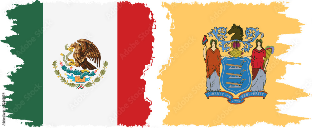 Obraz premium New Jersey and Mexico grunge brush flags connection, vector