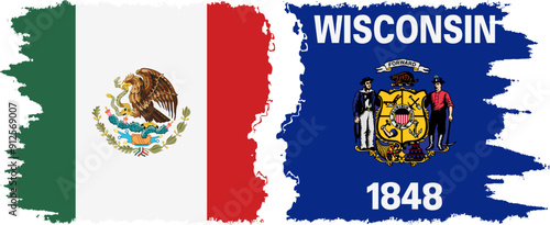 Wisconsin and Mexico grunge brush flags connection, vector