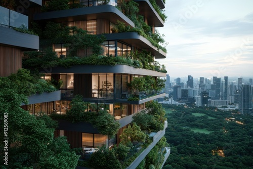 This unique architectural design showcases a modern residential building enveloped in greenery, integrating nature into urban living, with a stunning view of the city skyline.