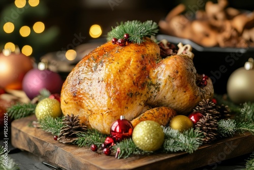 Front view of a rectangle shaped pedestal displayed with some Christmas ornaments. Christmas food in some countries may include chicken soup or turkey, ai