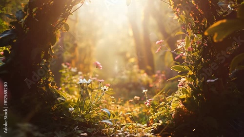 Fantasy mysterious tunnel with blooming flowers in the forest. Spring background.