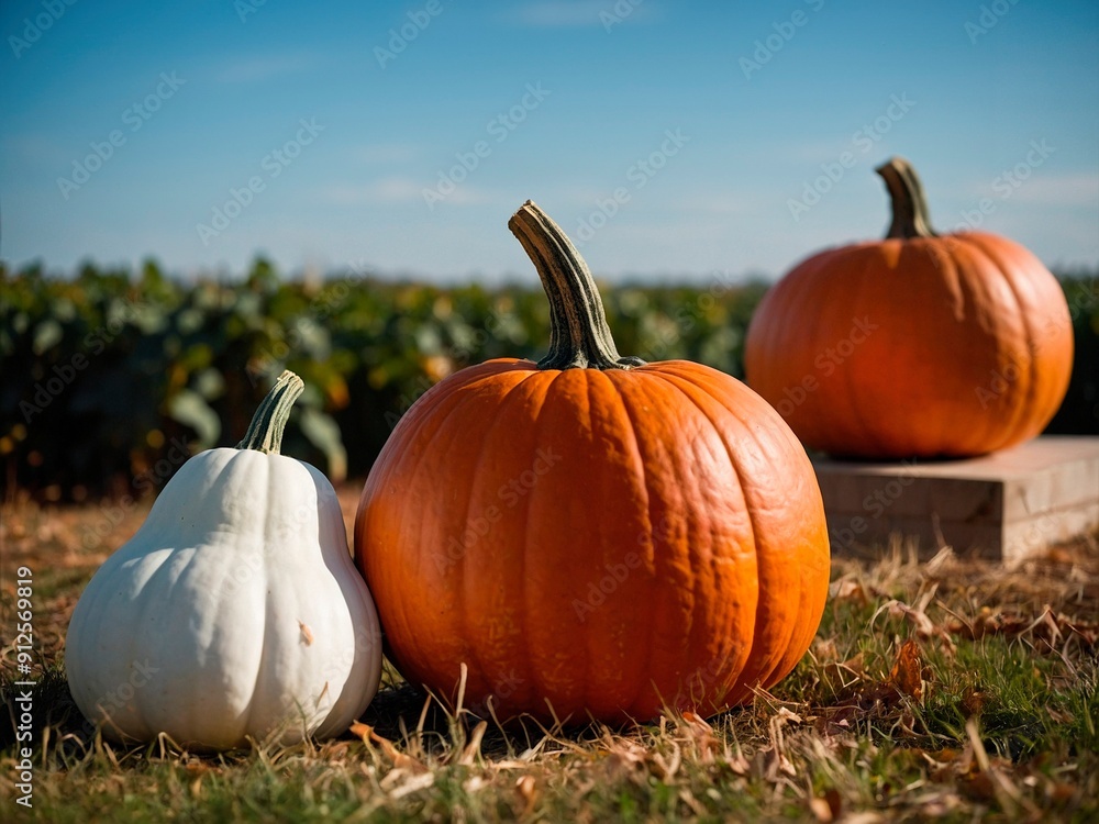 Bright close-up photo illustration of ripe orange and white pumpkins laying on the green grass in the countryside farm. Autumn season organic vegetables harvest halloween photography. Bright close-up photo illustration of ripe orange and white pumpkins laying on the green grass in the countryside farm. Autumn season organic vegetables harvest halloween photography.