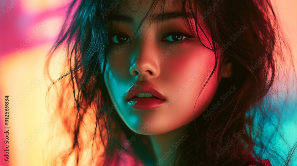 Close-up portrait of a woman illuminated by vibrant neon lights, showcasing her intense expression and colorful background. Close-up portrait of a woman illuminated by vibrant neon lights, showcasing her intense expression and colorful background.