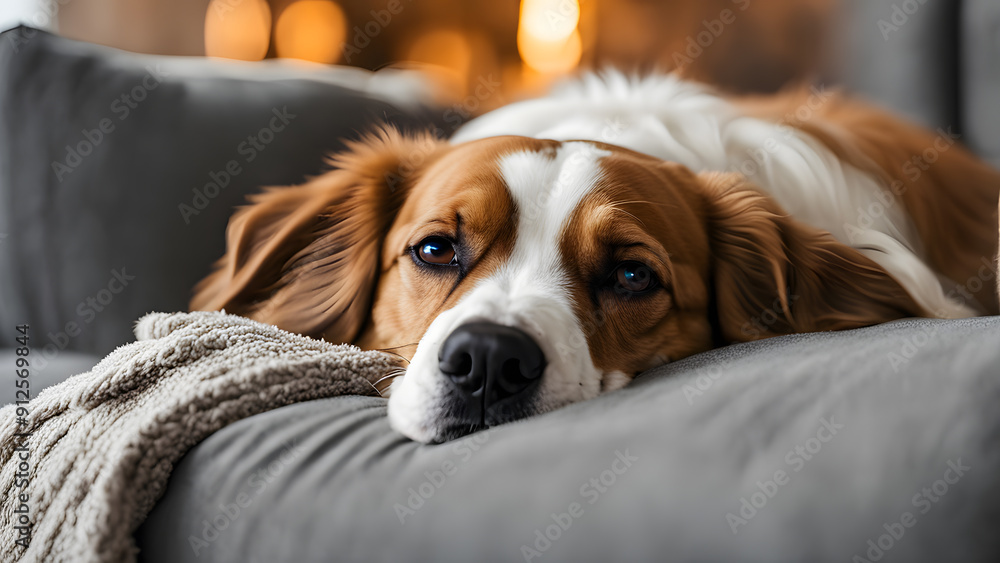 A brown and white dog is laying on a couch A brown and white dog is laying on a couch