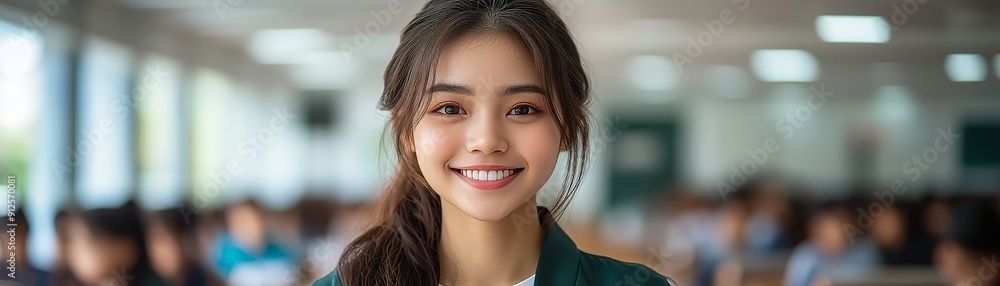 Cheerful Student Smiling in a Classroom Setting Cheerful Student Smiling in a Classroom Setting