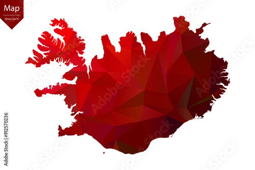 Map of Iceland - Red Geometric Rumpled Triangular , Polygonal Design For Your . Vector illustration eps 10.