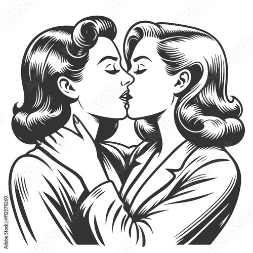 two lesbian women kissing, romantic, playful mood with intricate detail sketch engraving generative ai fictional character vector illustration. Scratch board imitation. Black and white image.