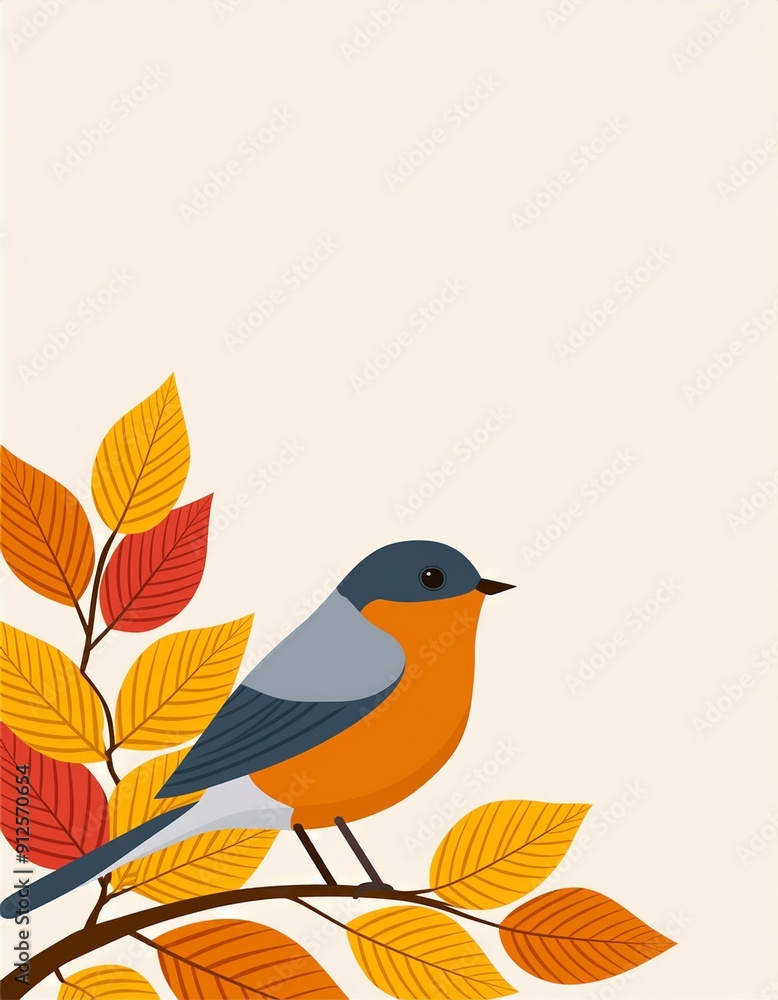 Cute bird on branch in flat design. Birdie sits on autumn leaves twig. Vector illustration isolated. Template, invitation or greeting cad Cute bird on branch in flat design. Birdie sits on autumn leaves twig. Vector illustration isolated. Template, invitation or greeting cad
