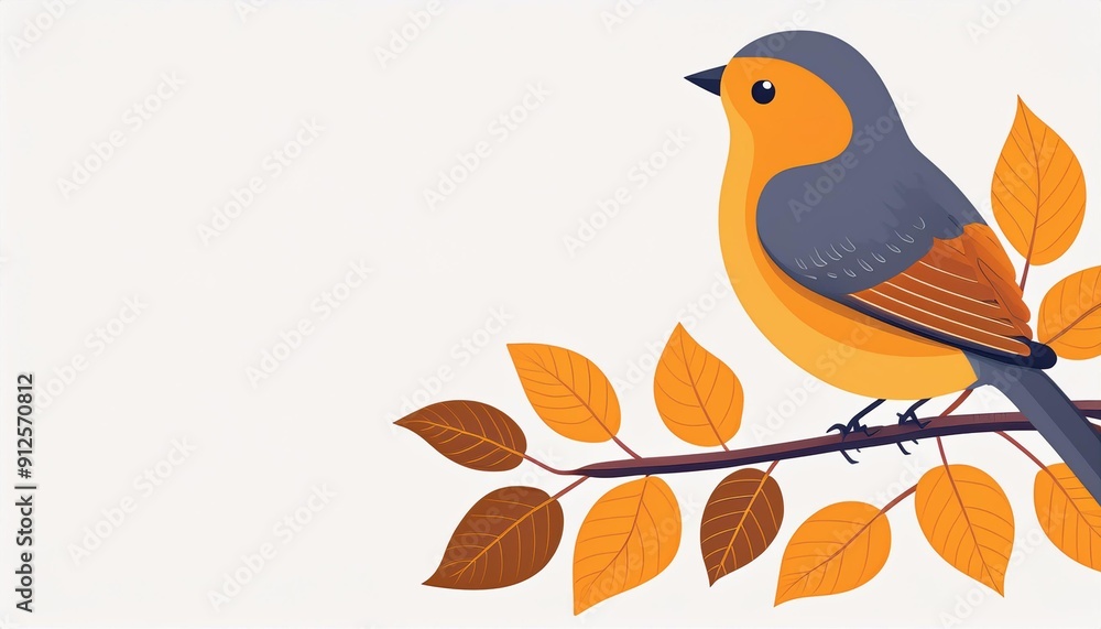 Fototapeta premium Cute bird on branch in flat design. Birdie sits on autumn leaves twig. Vector illustration isolated. Template, invitation or greeting cad