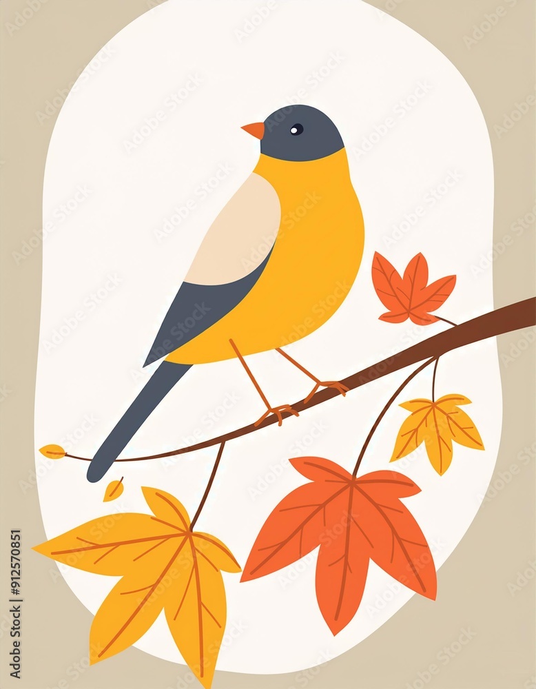 Cute bird on branch in flat design. Birdie sits on autumn leaves twig. Vector illustration isolated. Template, invitation or greeting cad Cute bird on branch in flat design. Birdie sits on autumn leaves twig. Vector illustration isolated. Template, invitation or greeting cad