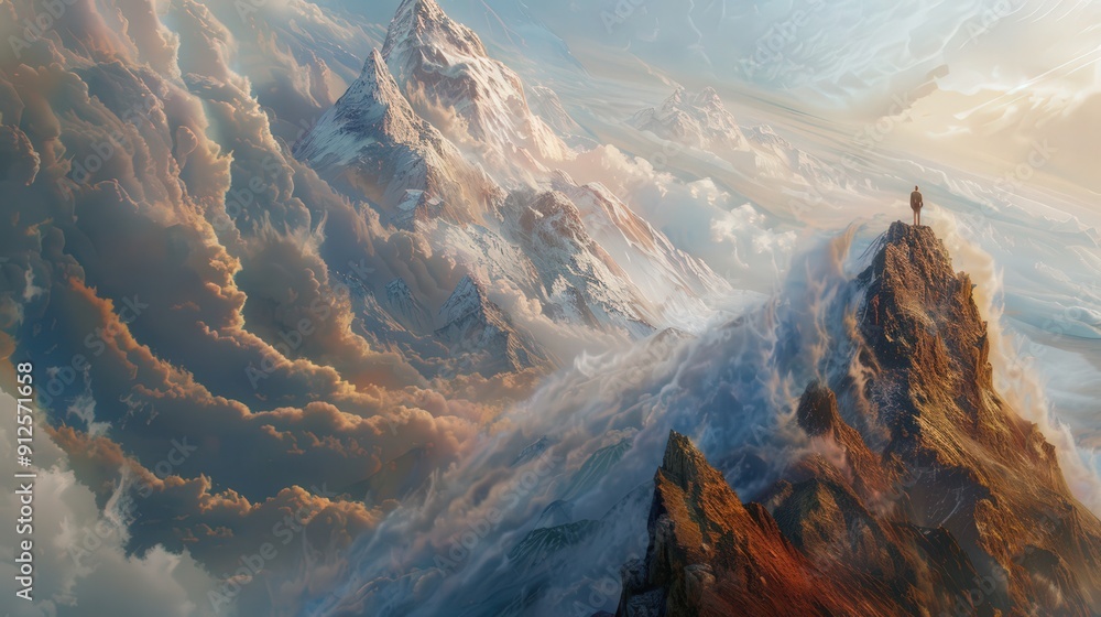 Obraz premium A painter creates a landscape masterpiece depicting towering mountain peaks against a backdrop of swirling clouds.