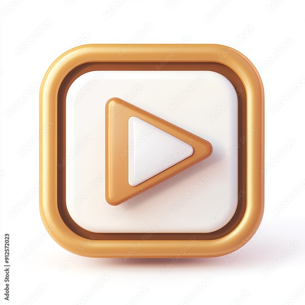 3D play button icon in golden and white, representing media, video, and streaming. Ideal for apps, websites, or user interface design. 3D play button icon in golden and white, representing media, video, and streaming. Ideal for apps, websites, or user interface design.
