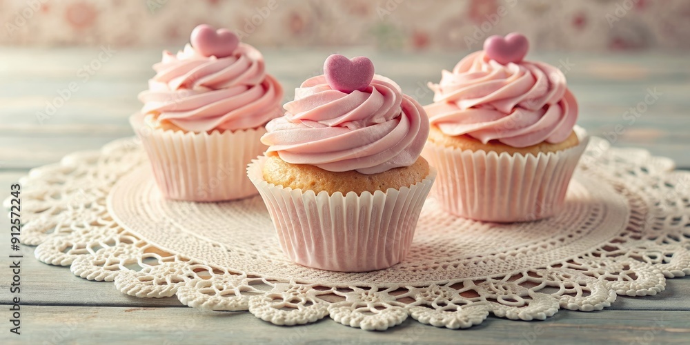 Delicate pink cupcakes adorned with intricate heart-shaped decorations and swirls of white frosting sit atop a vintage-inspired lace doily on a soft pastel background. Delicate pink cupcakes adorned with intricate heart-shaped decorations and swirls of white frosting sit atop a vintage-inspired lace doily on a soft pastel background.
