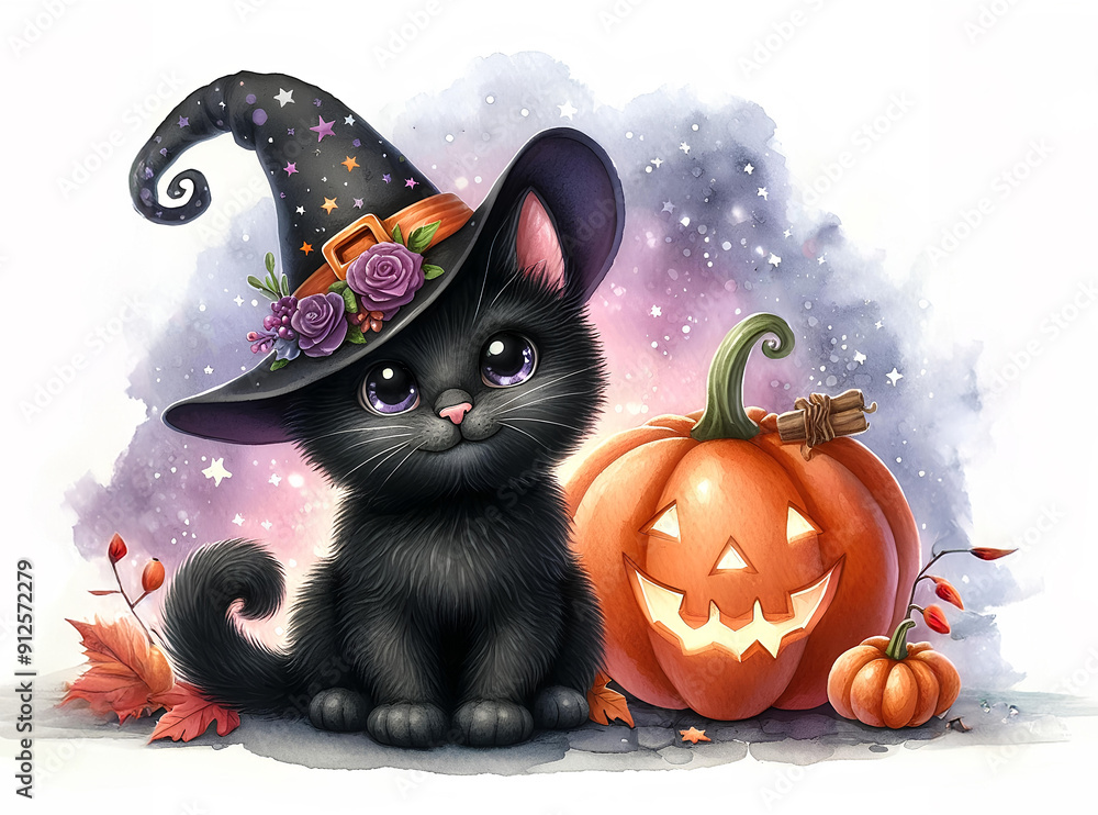 A Cute watercolor illustration with a Halloween theme featuring a black cat wearing a witch hat and a yellow pumpkin A Cute watercolor illustration with a Halloween theme featuring a black cat wearing a witch hat and a yellow pumpkin