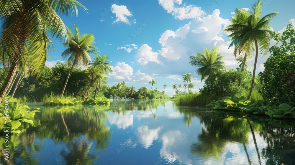 A serene lagoon mirrors the azure sky, bordered by palm trees swaying gently in the tropical breeze. A serene lagoon mirrors the azure sky, bordered by palm trees swaying gently in the tropical breeze.