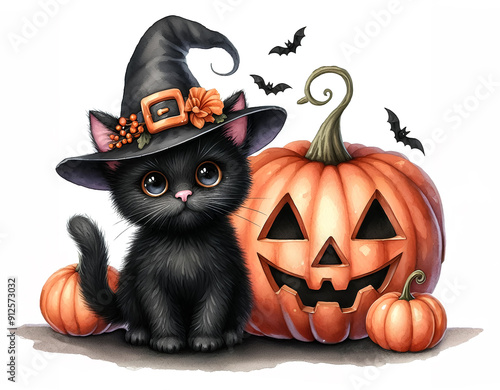  A Cute watercolor illustration with a Halloween theme featuring a black cat wearing a witch hat and a yellow pumpkin