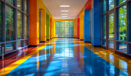 A long hallway with colorful walls and floors