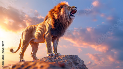 Roaring lion standing on a rock in savanna. King of the animals on dramatic sky background photo