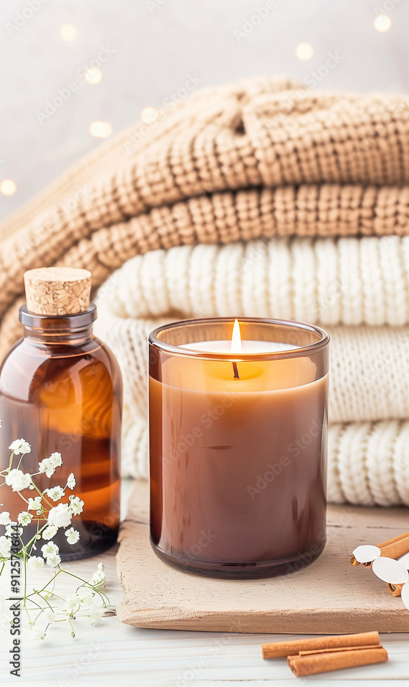 Candle Light Home Decor with Cozy Blankets and Decorative Elements. Warm Candlelight in a Glass Jar Next to Aromatherapy Bottle and Fresh Flowers. Stylish Indoor Arrangement Candle Light Home Decor with Cozy Blankets and Decorative Elements. Warm Candlelight in a Glass Jar Next to Aromatherapy Bottle and Fresh Flowers. Stylish Indoor Arrangement