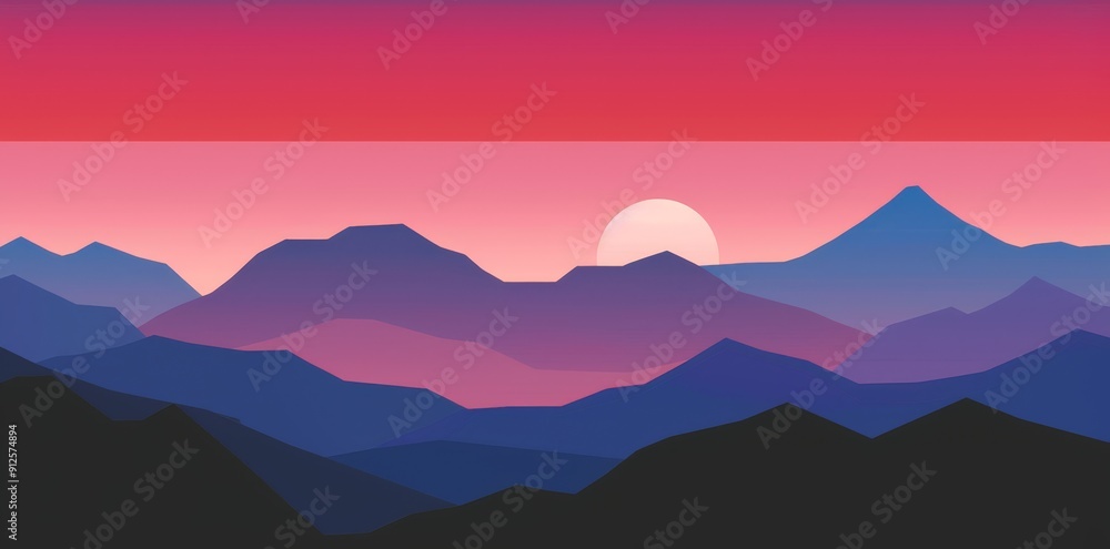 Obraz premium Minimalist sunset over layered mountain silhouettes