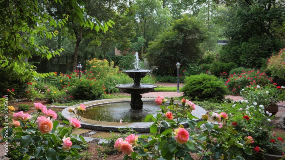 A tranquil garden bursts with blooming roses, creating a peaceful retreat in the midst of urban surroundings A tranquil garden bursts with blooming roses, creating a peaceful retreat in the midst of urban surroundings