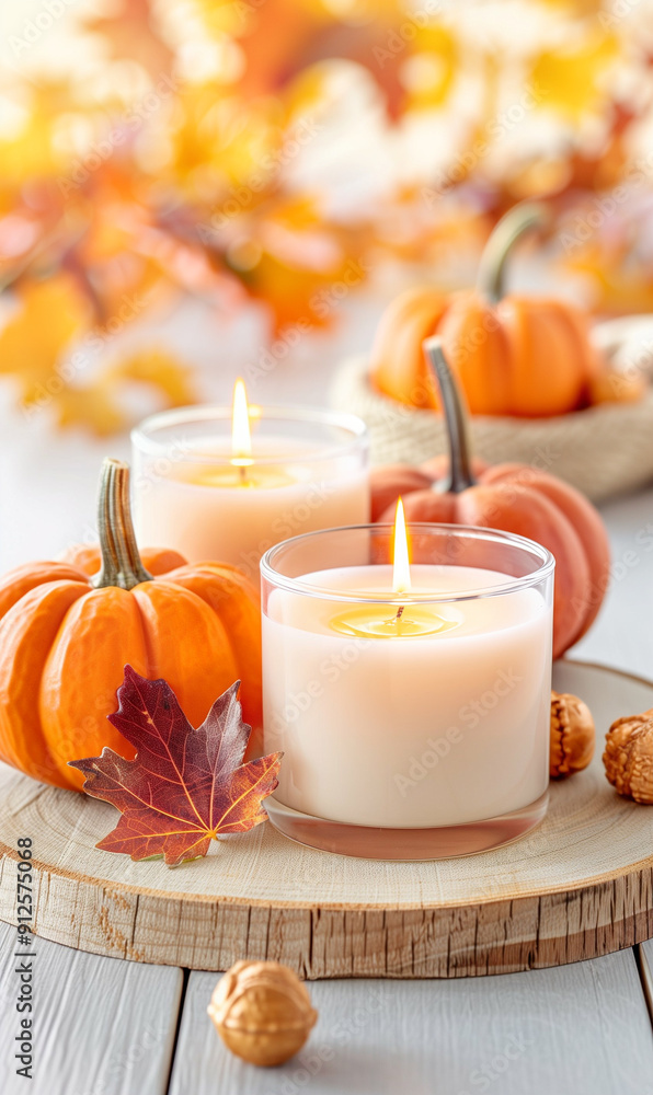 Pumpkins and Pumpkin Candles as Autumn Decorations for Fall Decor. Cozy Autumn Aesthetic with Warm Candlelight and Colorful Leaves. Perfect for Seasonal Home Styling Pumpkins and Pumpkin Candles as Autumn Decorations for Fall Decor. Cozy Autumn Aesthetic with Warm Candlelight and Colorful Leaves. Perfect for Seasonal Home Styling
