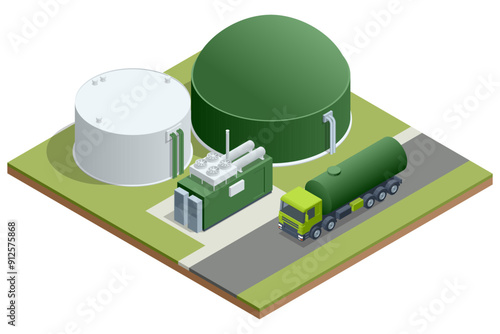 Isometric Modern biogas plant Biogas is an environmentally friendly clean, and cheap combustible gas produced from livestock manure and agricultural waste by microorganisms in an anaerobic environment