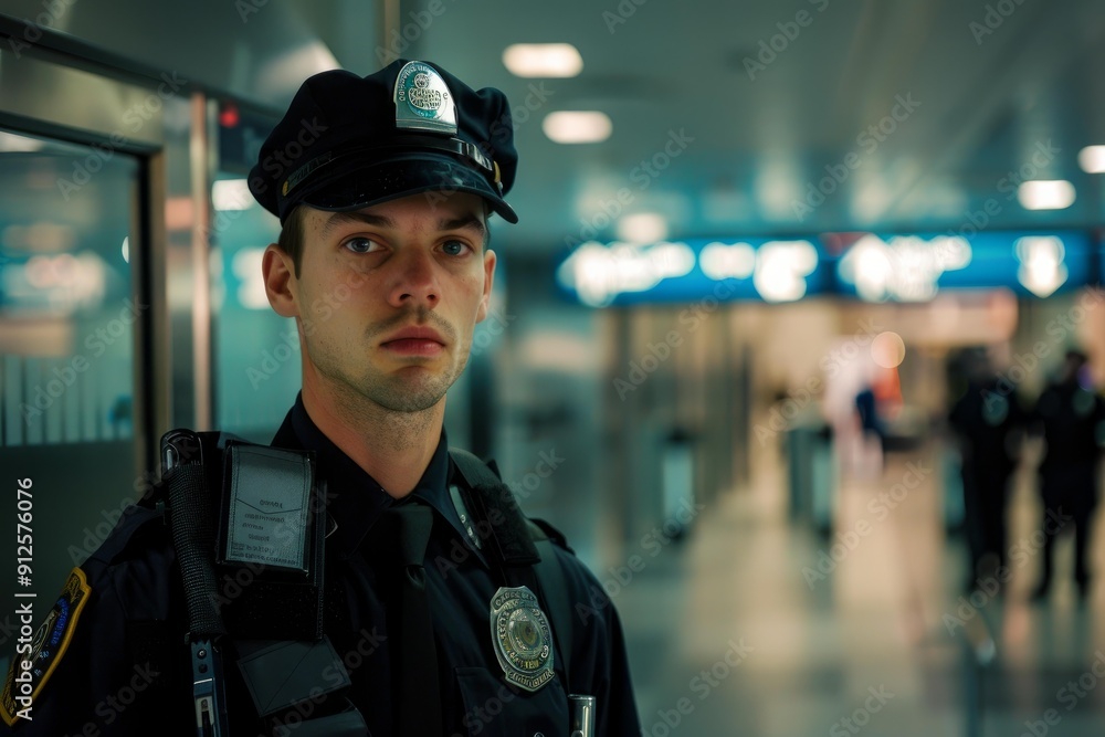 Young police officer is standing guard in a subway station, ensuring the safety and security of the public transportation system Young police officer is standing guard in a subway station, ensuring the safety and security of the public transportation system