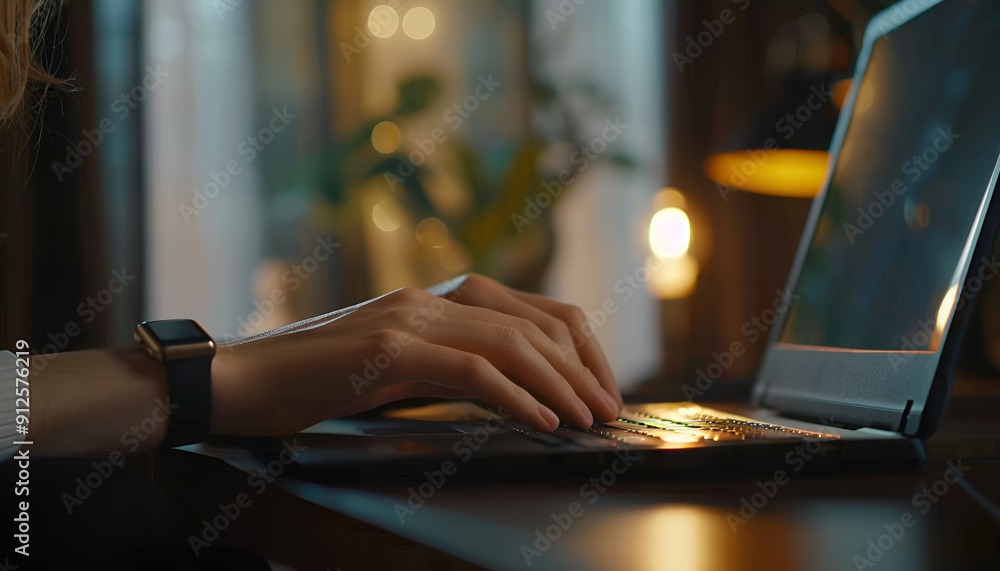 Woman working with laptop at table indoors, closeup Woman working with laptop at table indoors, closeup