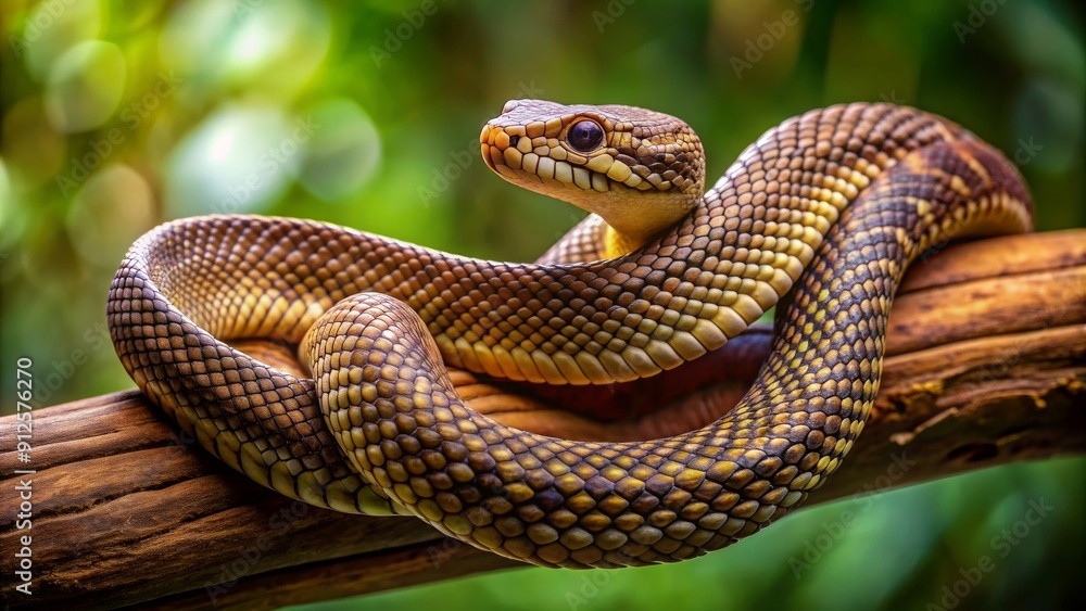 Venomous snake coiled on a branch, blending into surroundings, snake, venomous, dangerous, wildlife, reptile, predator, camouflage Venomous snake coiled on a branch, blending into surroundings, snake, venomous, dangerous, wildlife, reptile, predator, camouflage