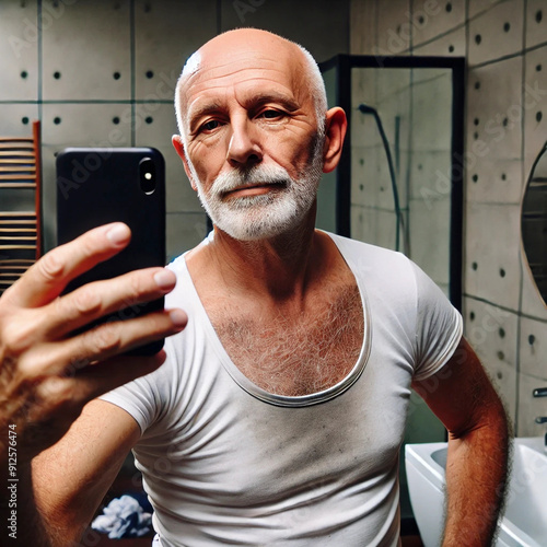 An older bald man taking a selfie with his phone in a modern but untidy bathroom. He is wearing a white but dirty undershirt. The bathroom has a modern design but is not well-kept.