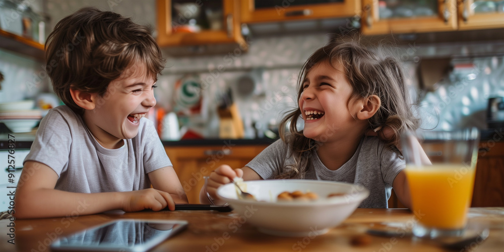 Two siblings, a boy and a girl having breakfast in the kitchen at home, eating milk in a bowl and cereal and a glass of juice. Two siblings, a boy and a girl having breakfast in the kitchen at home, eating milk in a bowl and cereal and a glass of juice.