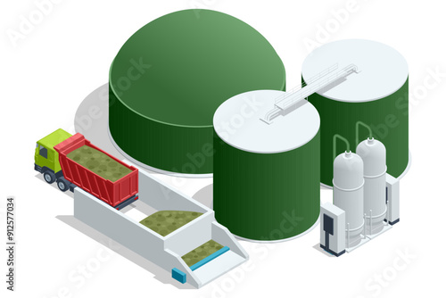 Isometric Modern biogas plant Biogas is an environmentally friendly clean, and cheap combustible gas produced from livestock manure and agricultural waste by microorganisms in an anaerobic environment