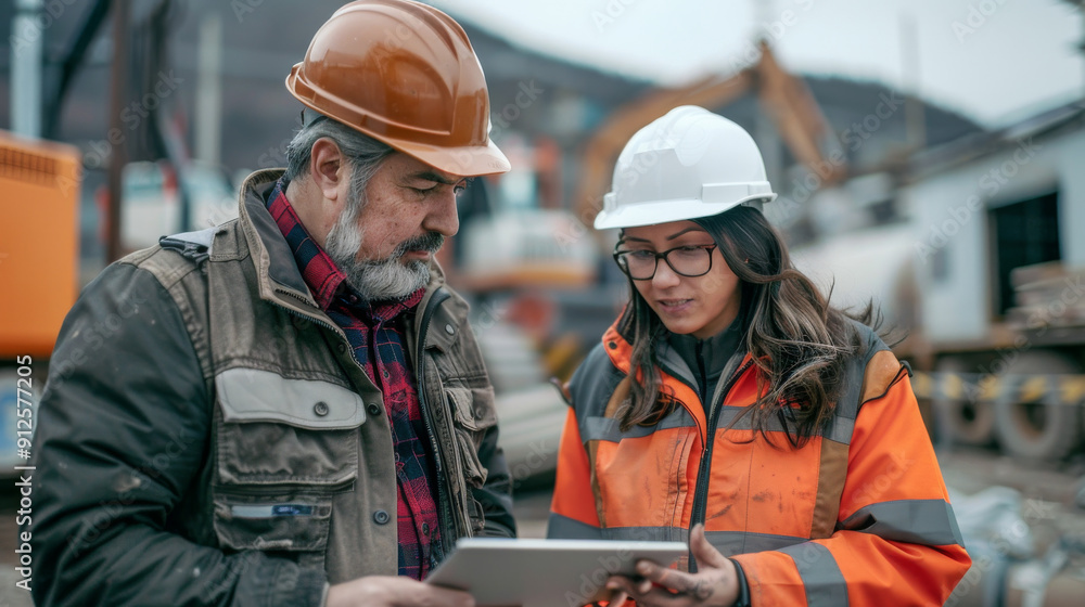 Fototapeta premium A man and a woman are standing in front of a construction site