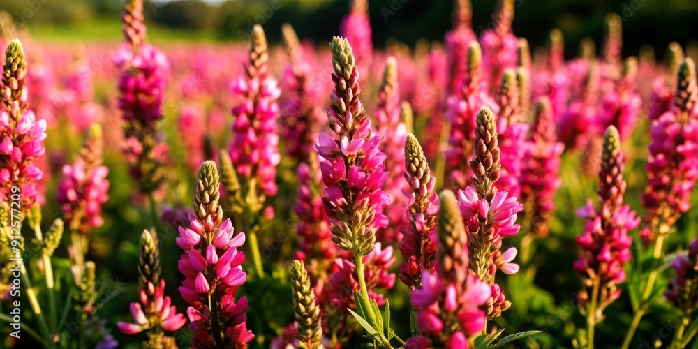 Obraz premium Blooming common sainfoin flowers in a field, sainfoin, onobrychis viciifolia, sativa, esparcette, flowers, blooming, field, meadow