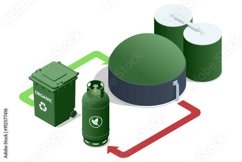 Isometric Modern biogas plant Biogas is an environmentally friendly clean, and cheap combustible gas produced from livestock manure and agricultural waste by microorganisms in an anaerobic environment