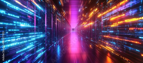 Vibrant data streams flowing within a modern data center