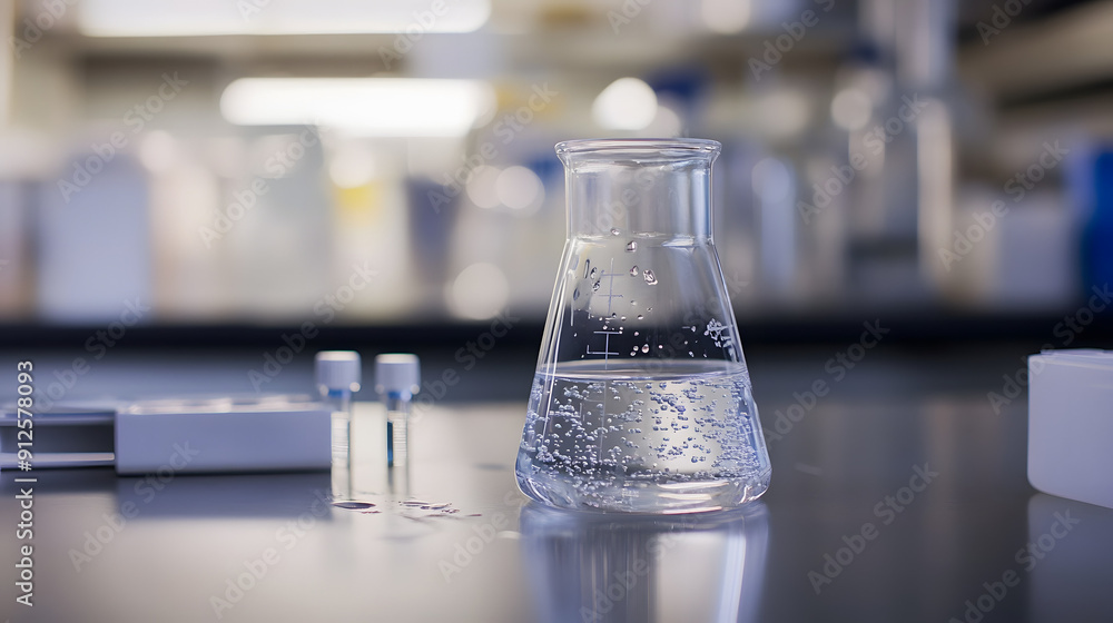 Beaker Filled with Clear Liquid and an Erlenmeyer Flask on a Laboratory Table Beaker Filled with Clear Liquid and an Erlenmeyer Flask on a Laboratory Table
