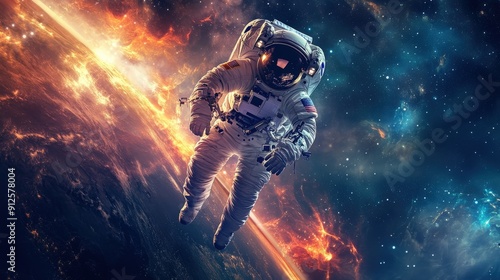 Astronaut floating in space with a planet in the background.