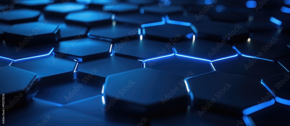 Fototapeta premium Glowing blue hexagonal pattern on a dark background representing modern technology 3D rendering
