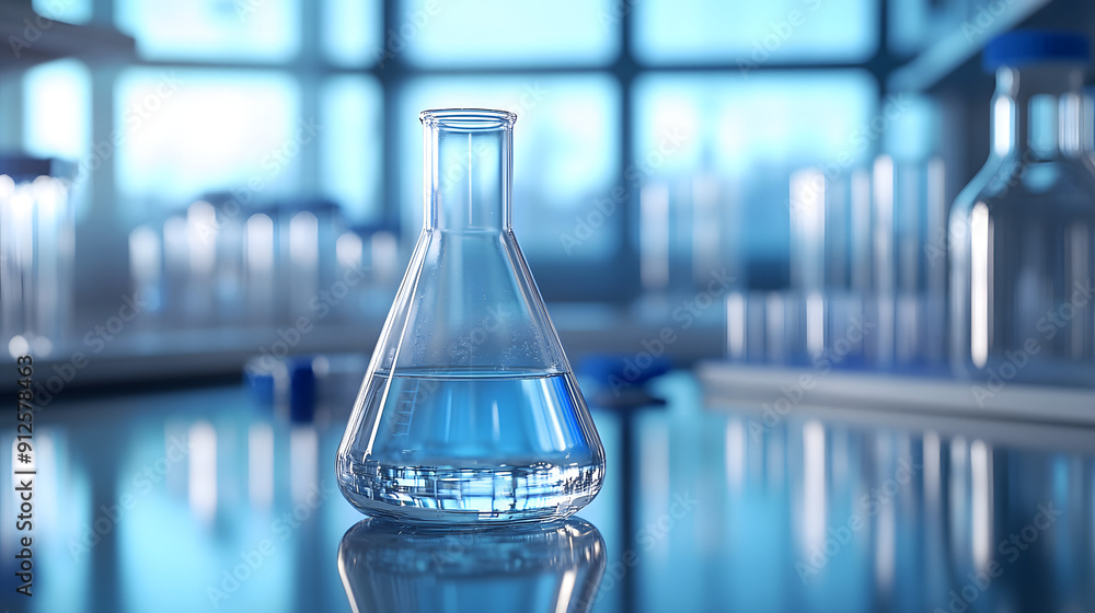 Beaker Filled with Clear Liquid and an Erlenmeyer Flask on a Laboratory Table Beaker Filled with Clear Liquid and an Erlenmeyer Flask on a Laboratory Table