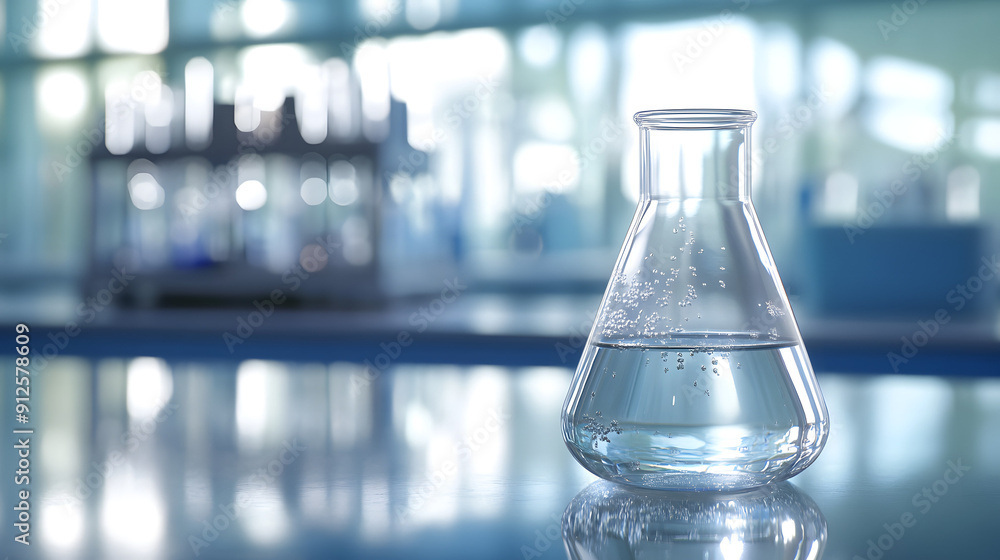 Beaker Filled with Clear Liquid and an Erlenmeyer Flask on a Laboratory Table Beaker Filled with Clear Liquid and an Erlenmeyer Flask on a Laboratory Table